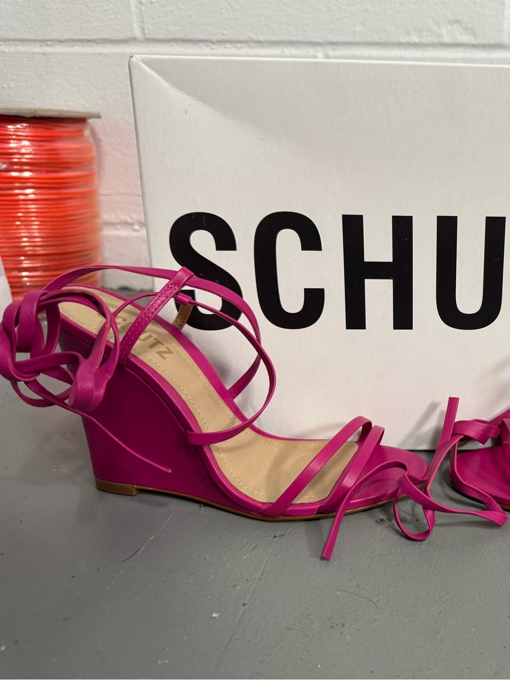 SCHUTZ Magenta Strappy Wedge Sandals with Wrap Ties